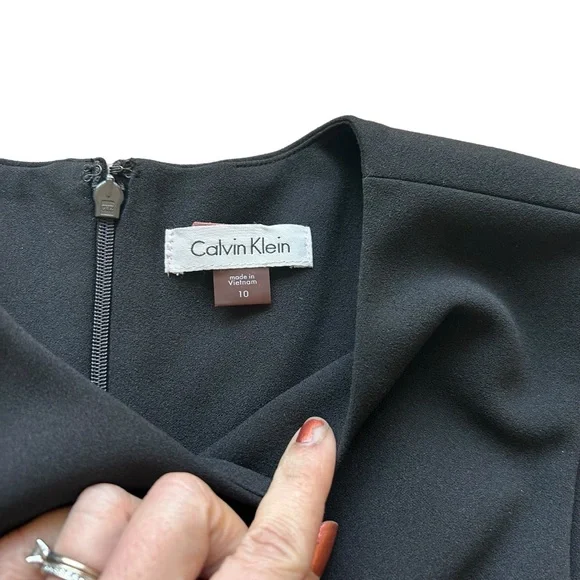 Calvin Klein sleeveless black crepe knit fit flare dress mesh panels size 10 - Picture 3 of 11